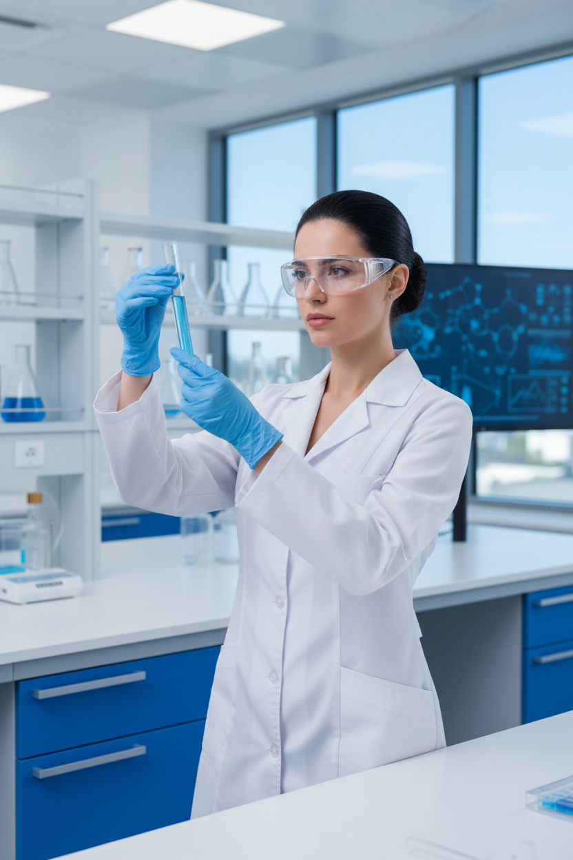 Female scientist with water test tube